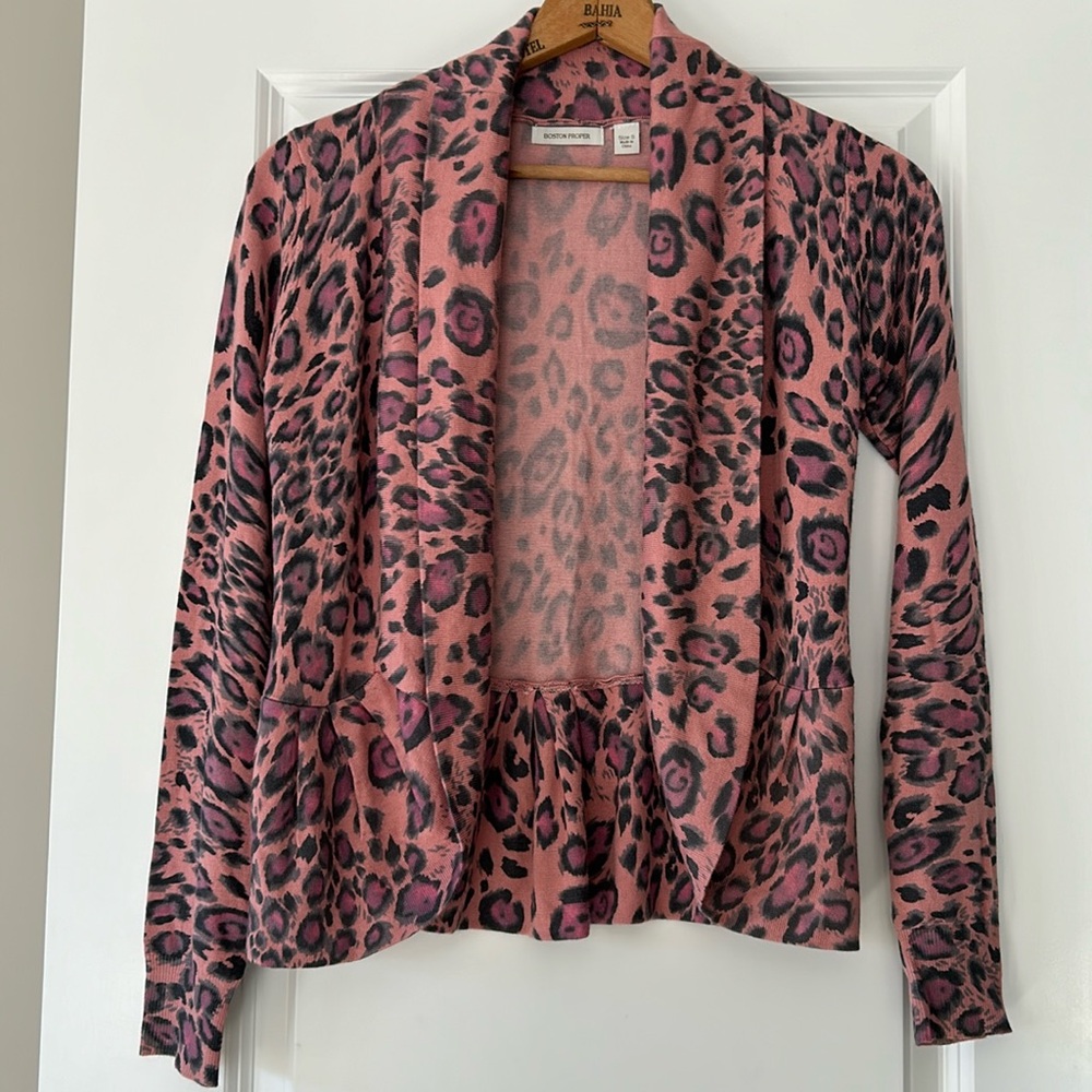 Boston Proper Leopard Print Wild Blush Open-Front Peplum Cardigan +Measurements!